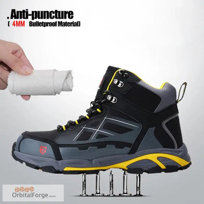 Anti-puncture safety work boots in Black and Blue with yellow accents for safety work