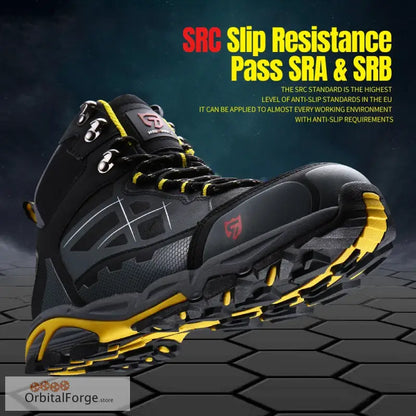 Black and yellow safety work boots featuring slip-resistant sole and steel toe protection