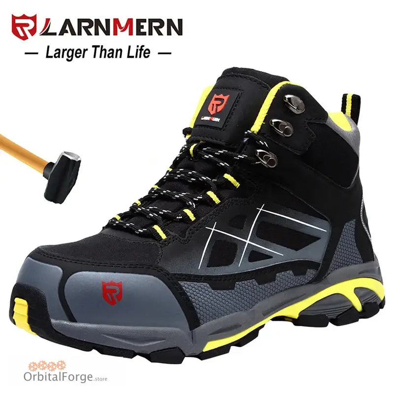 Black and yellow Larnmern Men’s Safety Work Boots with steel toe and reflective accents