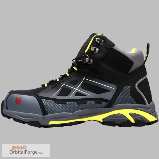 Black and gray Larnmern safety work boots with neon yellow accents for enhanced visibility