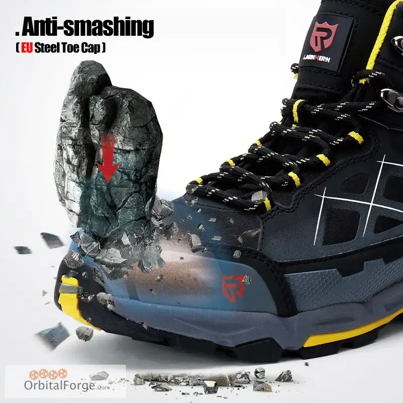 Safety work boots featuring steel toe cap protection crushing concrete for durable safety work