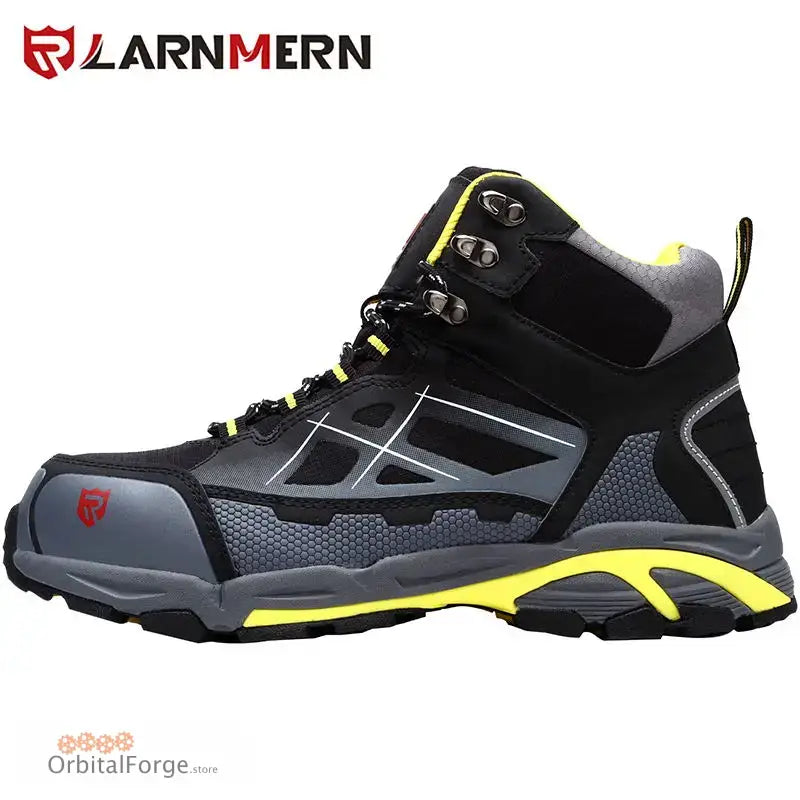 Black and grey safety work boots with yellow accents and protective toe cap for men