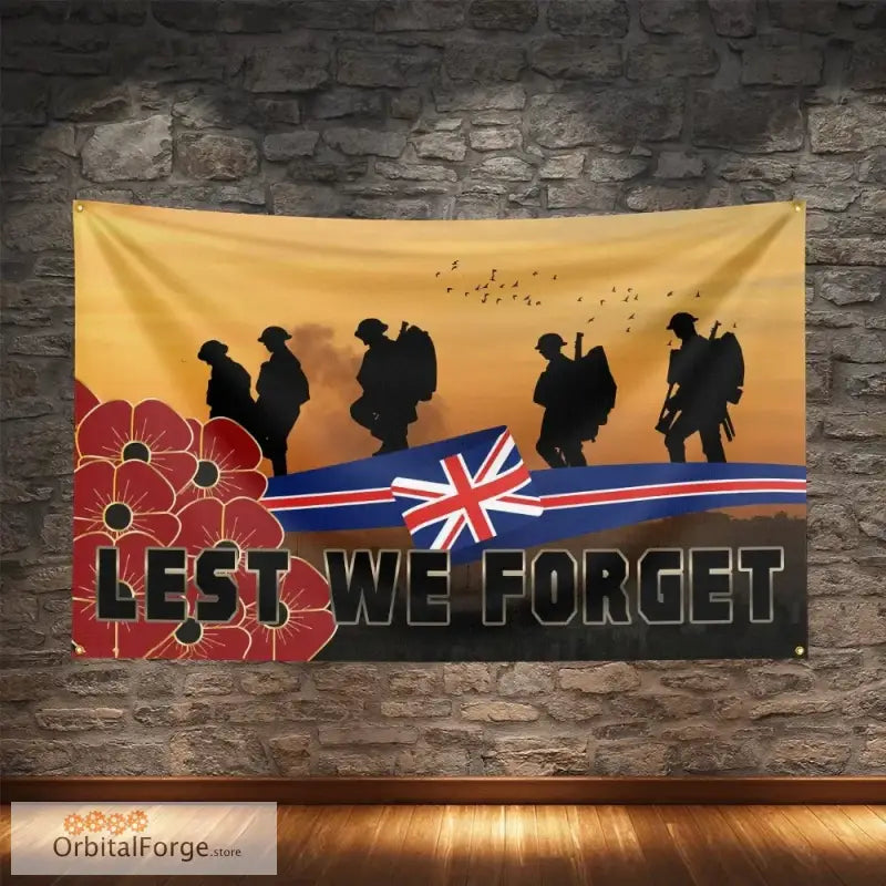 ’Lest We Forget’ UK Flag Banner - High-Quality Polyester with Digital Printing for Patriotic Decor - Golden Soldiers