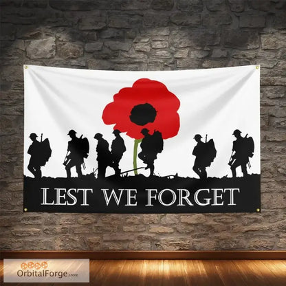 ’Lest We Forget’ UK Flag Banner - High-Quality Polyester with Digital Printing for Patriotic Decor - Soldiers Poppy