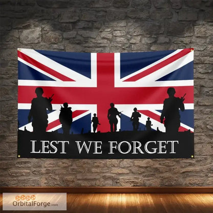 ’Lest We Forget’ UK Flag Banner - High-Quality Polyester with Digital Printing for Patriotic Decor - Forward March