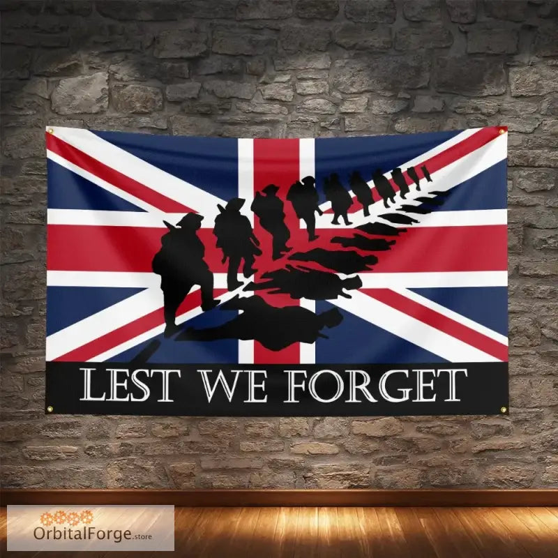 ’Lest We Forget’ UK Flag Banner - High-Quality Polyester with Digital Printing for Patriotic Decor - In Line / 60x90cm