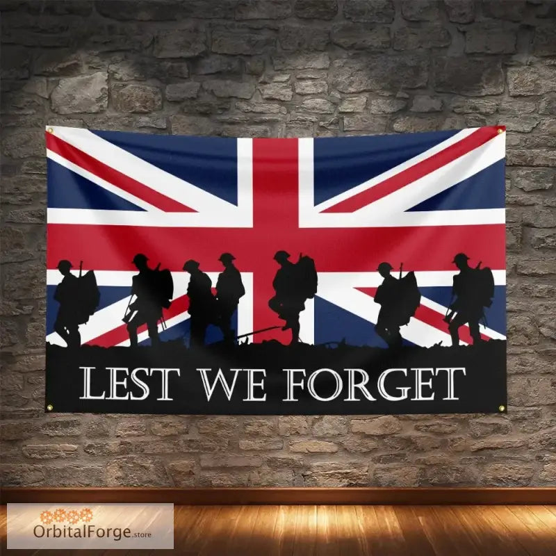 ’Lest We Forget’ UK Flag Banner - High-Quality Polyester with Digital Printing for Patriotic Decor - Side March