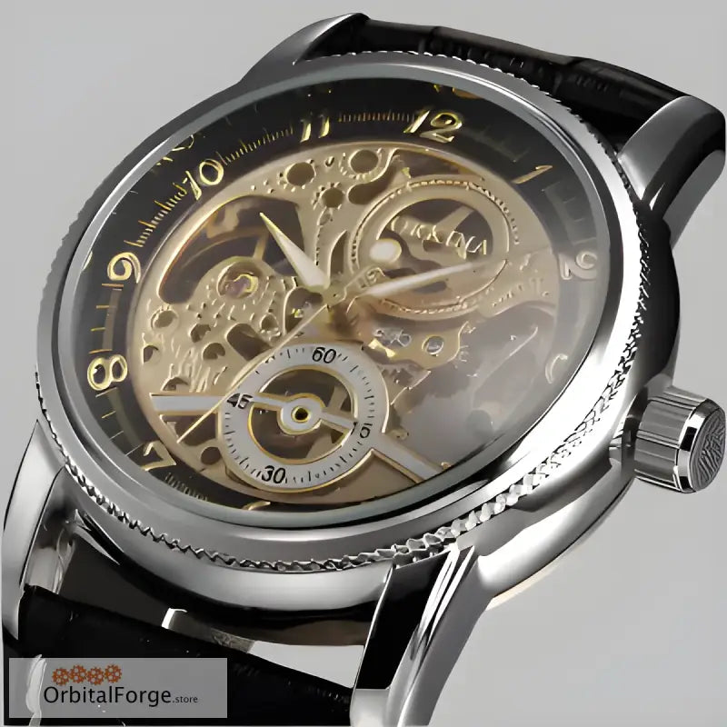 Luxury Skeleton Watch with 40mm polished case and black leather strap