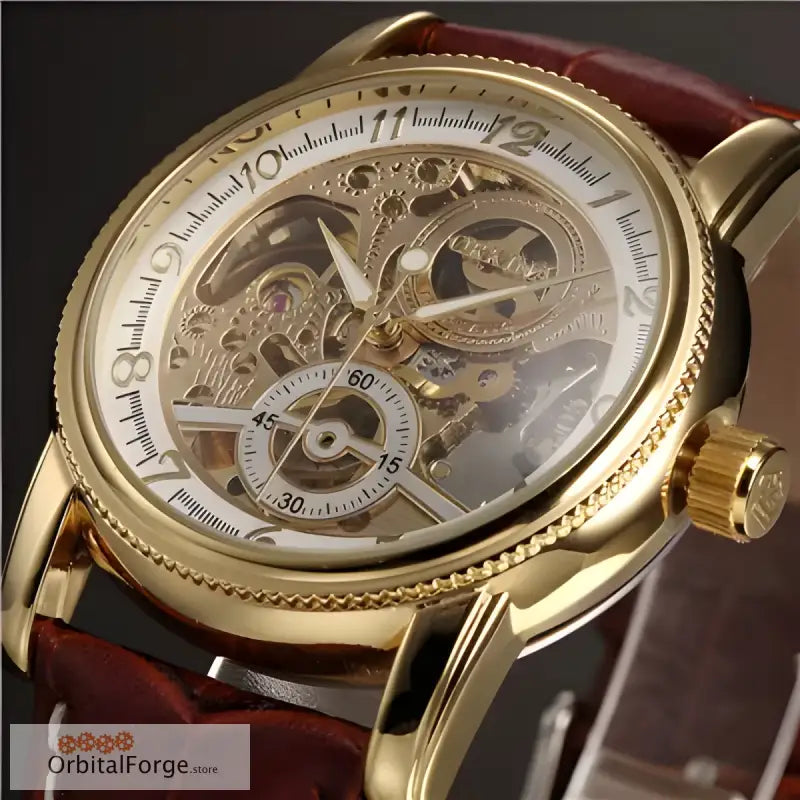 Luxury Skeleton Watch with 40mm polished case, gold-tone finish, and brown leather strap