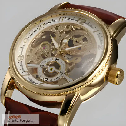 Luxury Skeleton Watch featuring a 40mm polished case and brown leather strap