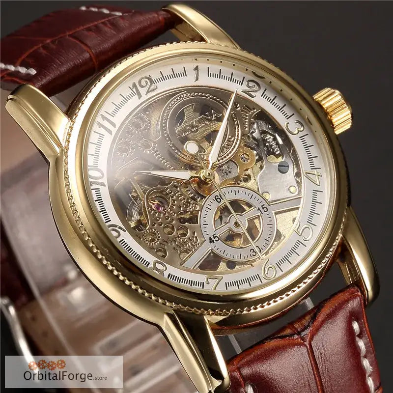 Elegant gold-toned Luxury Skeleton Watch with 40mm polished case and brown leather strap