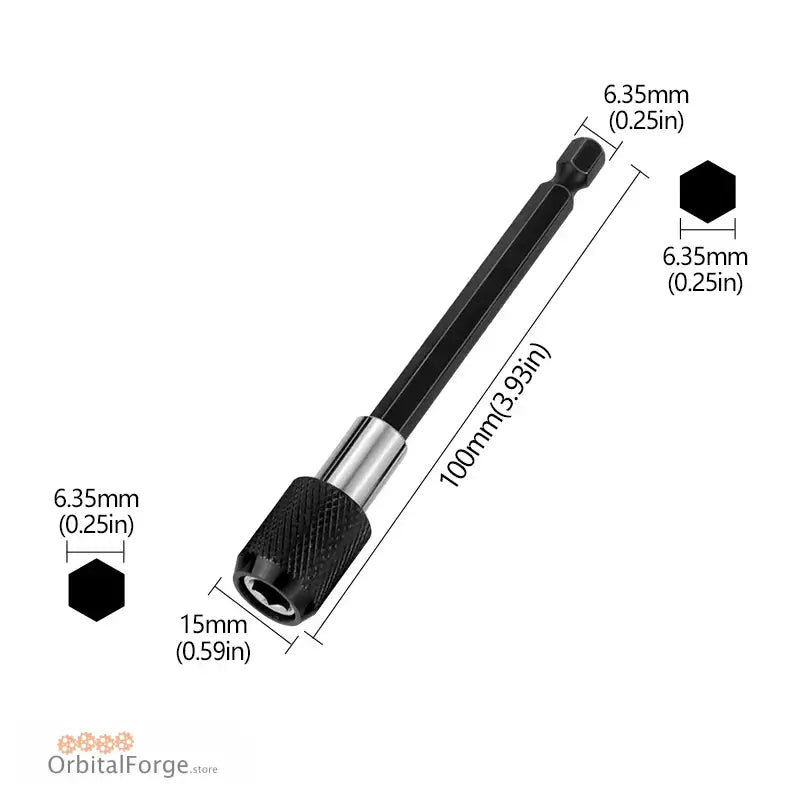 Magnetic Bit Holder with Quick Release and High Carbon Steel Tip dimensions labeled