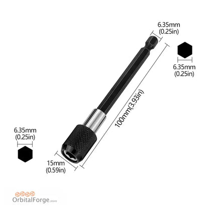 Magnetic Bit Holder with Quick Release and High Carbon Steel Tip dimensions labeled