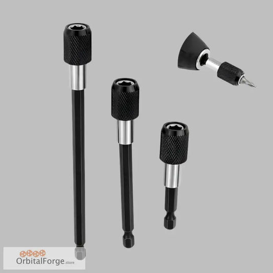 Three black and silver quick release bit holders with high carbon steel tips