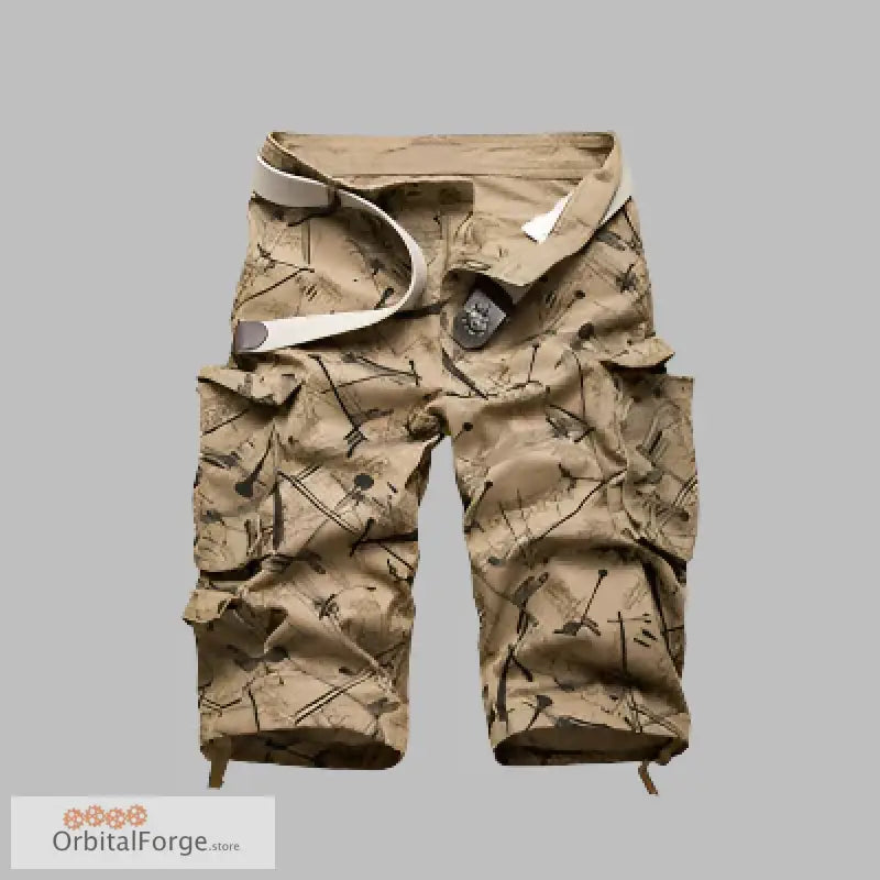 Men’s Khaki Cargo Shorts in Breathable Cotton for casual wear with geometric pattern design