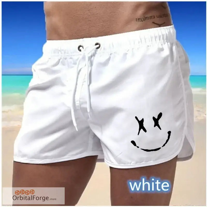 Men’s Summer Swim Trunks - White Quick-Drying Surfboard Shorts with Drawstring & Pockets for Beach & Sports