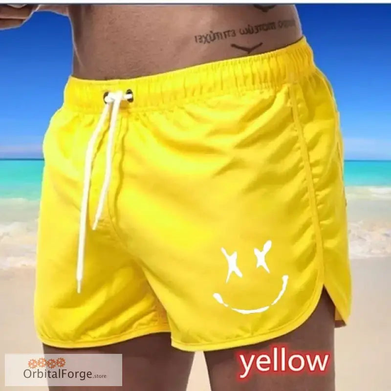 Men’s Summer Swim Trunks - Yellow Quick-Drying Surfboard Shorts with Drawstring & Pockets for Beach & Sports - Yellow