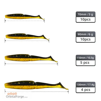 Soft plastic fishing lures in black and yellow colors shown in different lengths.