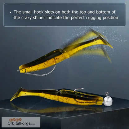 Yellow and black soft plastic fishing lures with hook slots on top and bottom.