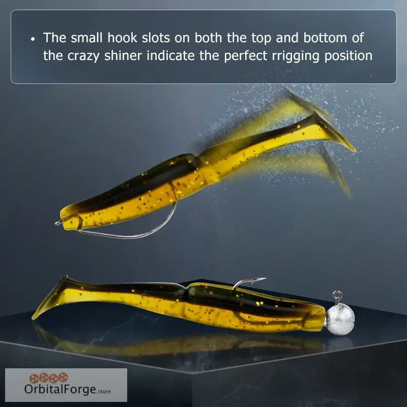 Yellow and black Meredith Crazy Shiner fishing lures with hook slots for soft bait use