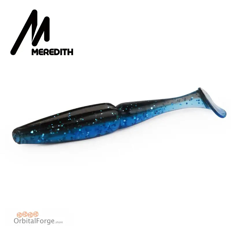 Soft plastic fishing lure in black and blue colors.