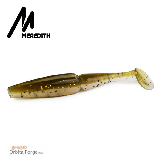 Soft plastic fishing lure in a greenish-brown color with dark speckles.