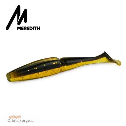 Yellow and black soft plastic fishing lure shaped like a minnow.