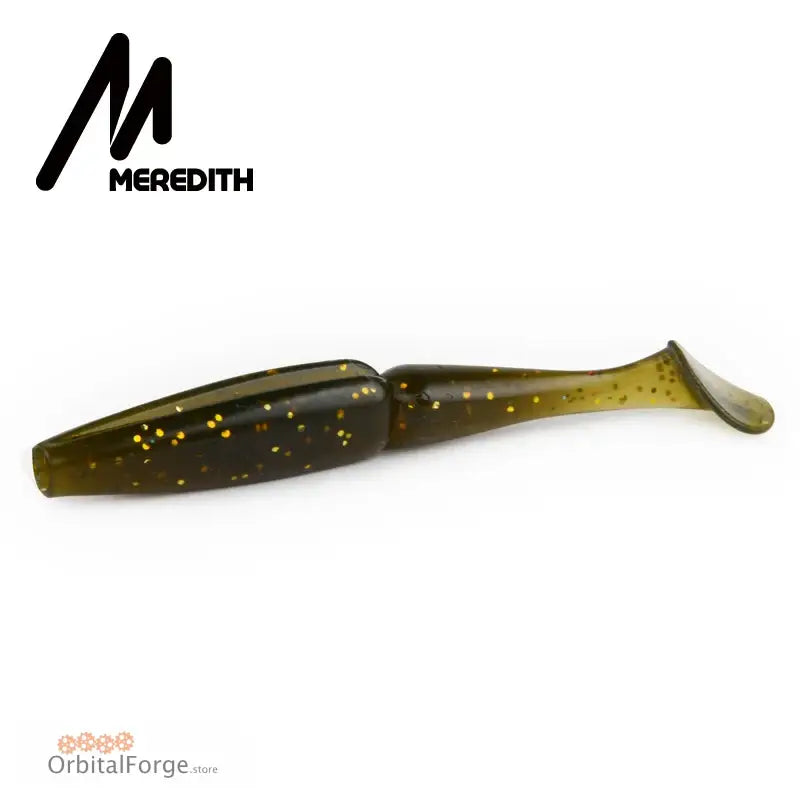 Dark olive-colored soft plastic fishing lure with gold flecks.