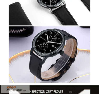 Elegant black chronograph quartz watch with genuine leather strap and minimalist dial design