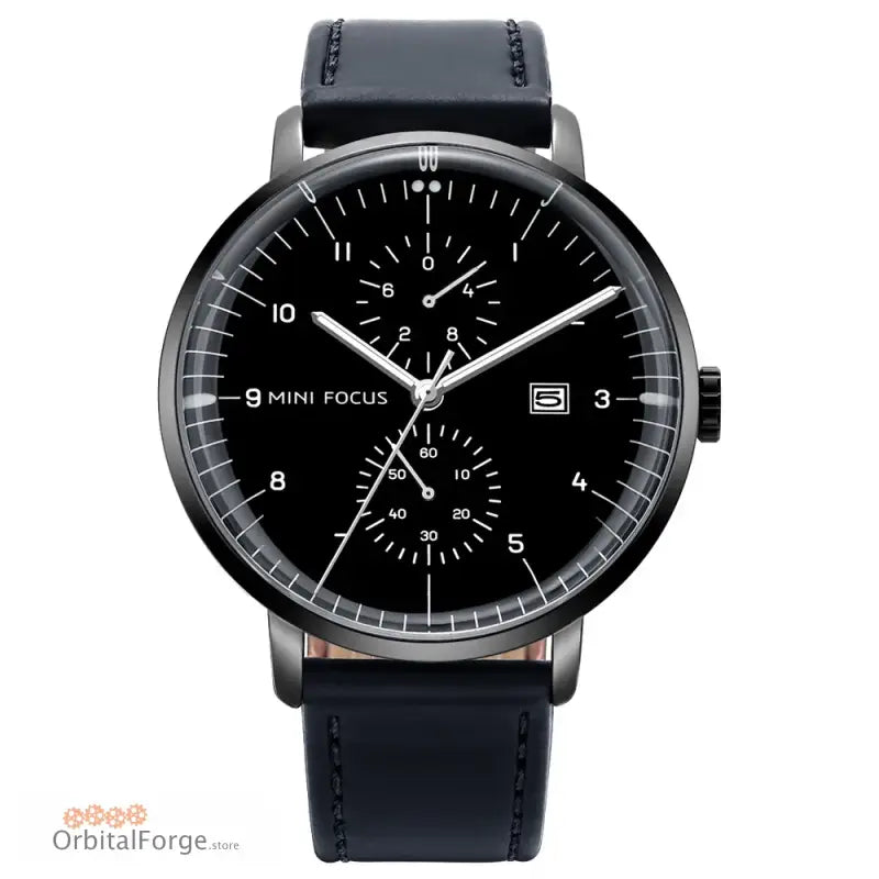 Black analog MINI FOCUS quartz watch with chronograph and genuine leather strap