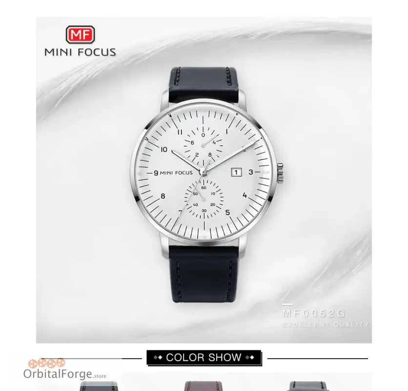 Elegant MINI FOCUS Men’s Quartz Watch with Genuine Leather Strap and Silver-Toned Chronograph