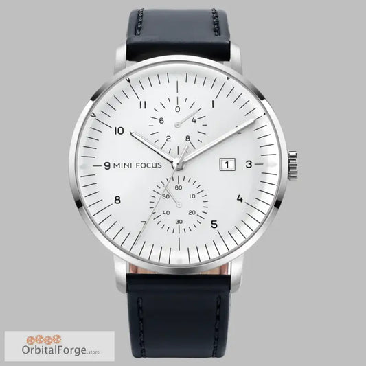 Minimalist white-faced Mini Focus quartz watch with genuine leather strap and subdials