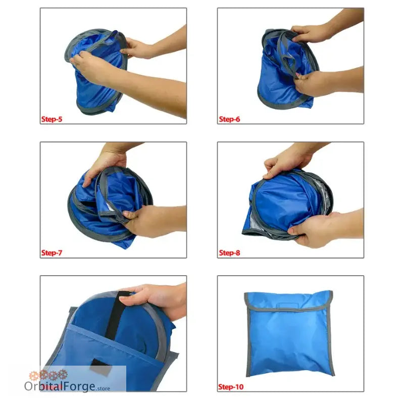 Collapsible blue container folding instructions.