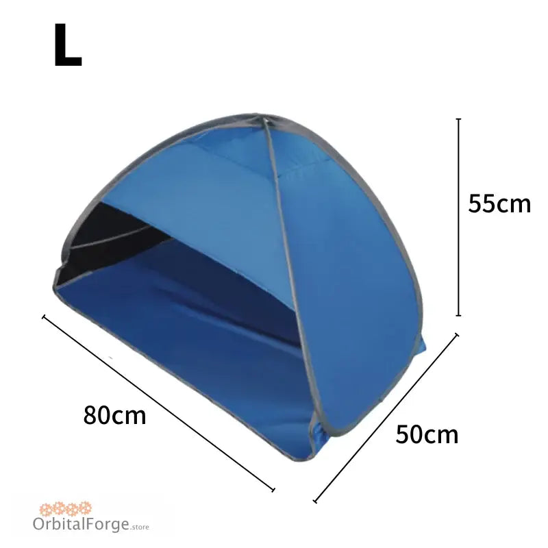 Blue pop-up beach tent with dimensions.