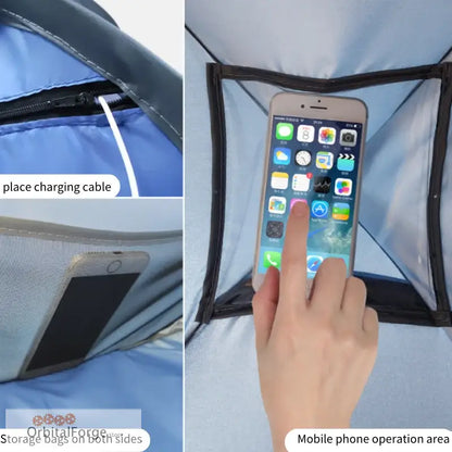 Tent with phone holder and charging cable access.