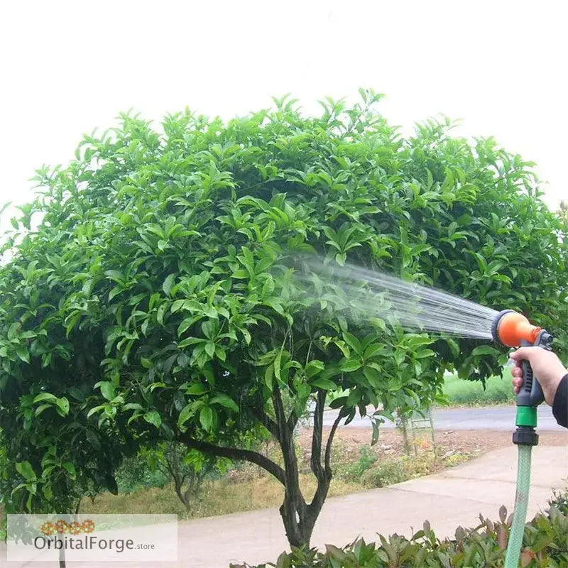 Garden hose nozzle spraying water onto a leafy green tree.