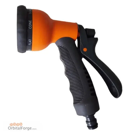 Orange and black garden hose spray nozzle with adjustable settings.