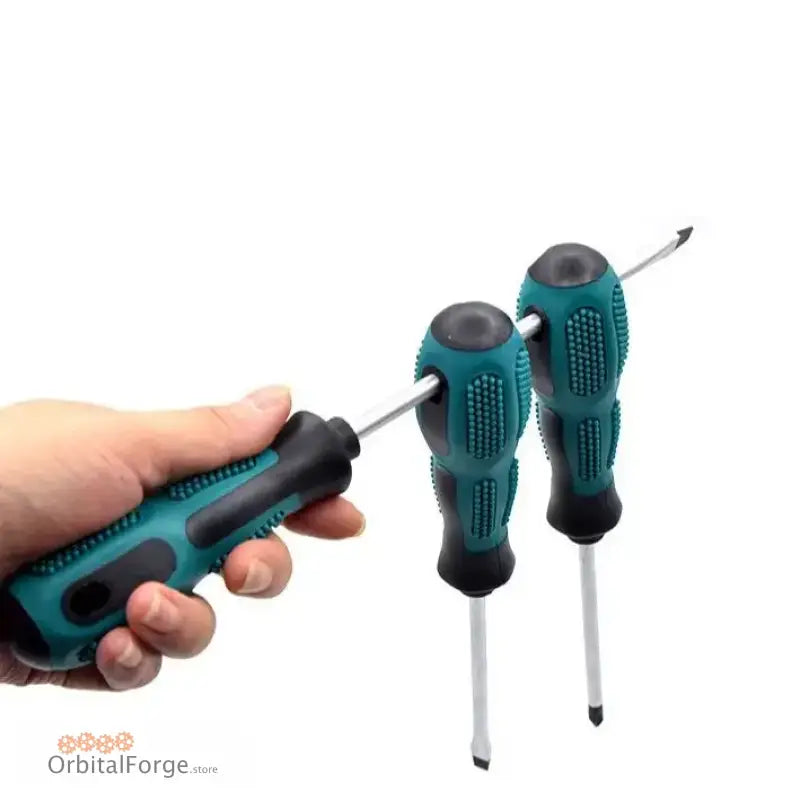 Hand holding teal and black handled screwdrivers.