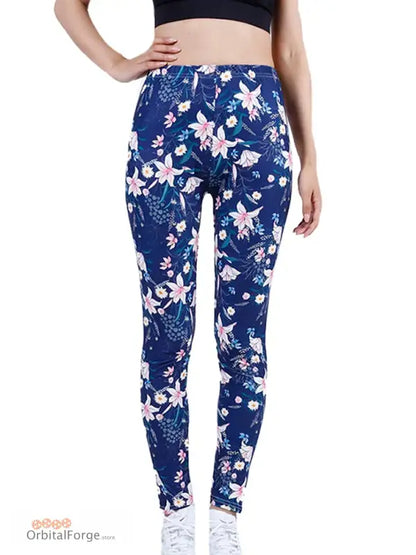 Navy Blue Floral Camouflage Leggings with Lily Patterns for Casual Wear