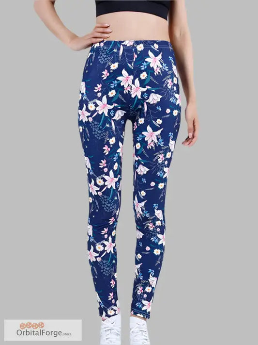 Navy Blue Floral Camouflage Leggings for stylish casual wear with pink and white flowers