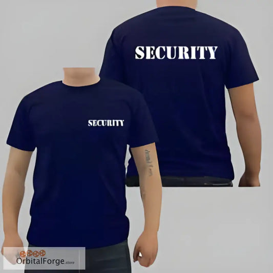 Navy blue security t-shirt for event staff with double-sided print in regular fit