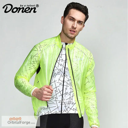 Neon yellow waterproof cycling jacket with geometric pattern over a white patterned shirt