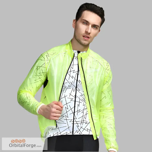 Neon yellow waterproof cycling jacket with abstract black line patterns for style and visibility