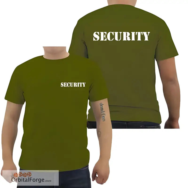 Olive Green Double-Sided Print Security T-Shirt for Event Staff with bold text