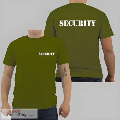 Olive Green Double-Sided Print Security T-Shirt for Event Staff with bold text