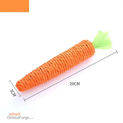 Orange rope carrot toy with green top.