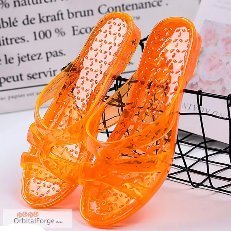 Orange Fashion Jelly Flats for Women - Transparent Anti-Slip Slides Casual Round Toe Sandals Sizes UK 2-12 - Orange / 7