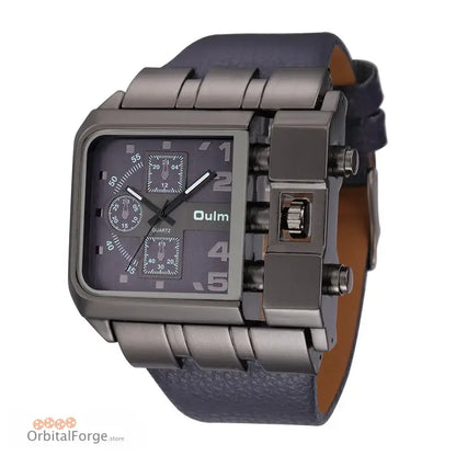 Square-faced gunmetal grey men’s quartz watch with navy leather strap Oulm 3364