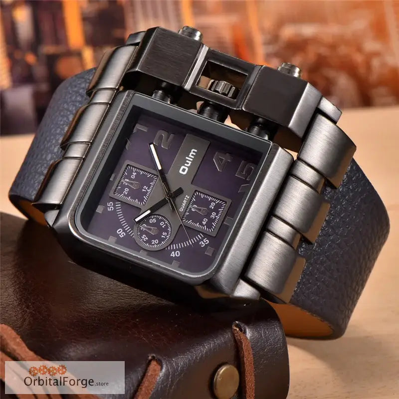 Oulm 3364 Square-Faced Gunmetal Grey Men’s Quartz Watch with Leather Band