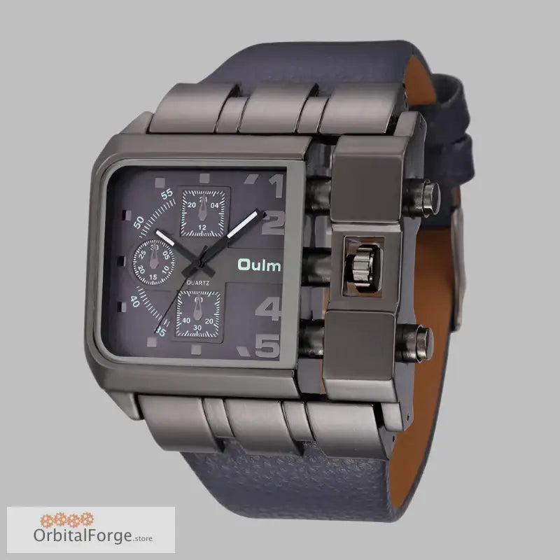 Square-faced gunmetal gray men’s quartz watch with navy leather strap Oulm 3364